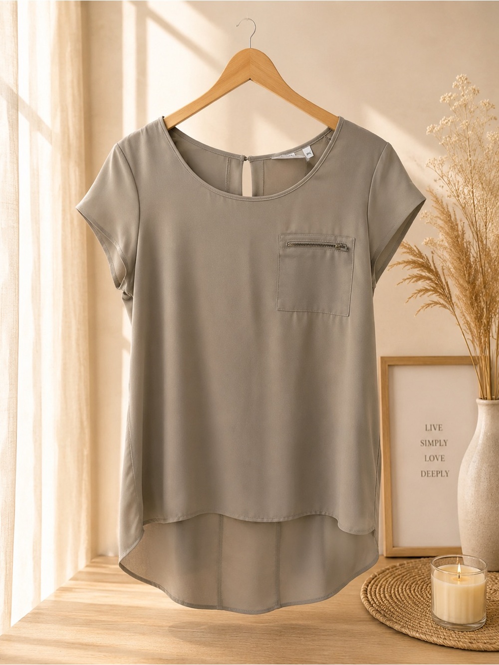 Reitmans Taupe Short-Sleeve Zip-Pocket Blouse